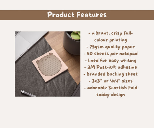 Scottish Fold Cat Post-it® Notepad | Grey Tabby Cat Lined Memo Pad