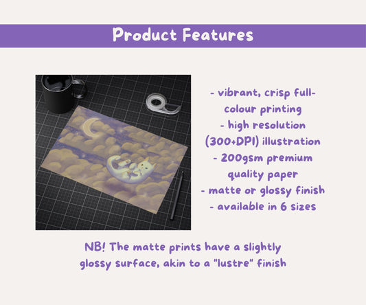 Drift Cat Illustration Unframed Print | Celestial Cat Wall Art