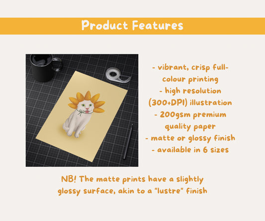 Sunflower Cat Unframed Prints | Cute Floral Kitty Wall Art