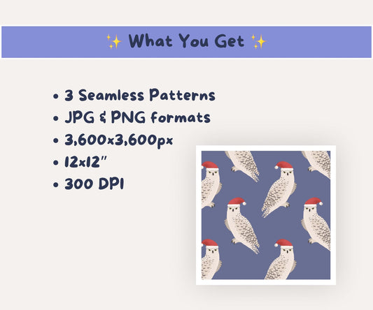 Snowy Owl Christmas Seamless Pattern | Winter Owl in Santa Hat | Woodland Cottagecore Aesthetic | High Resolution with Three Colourways