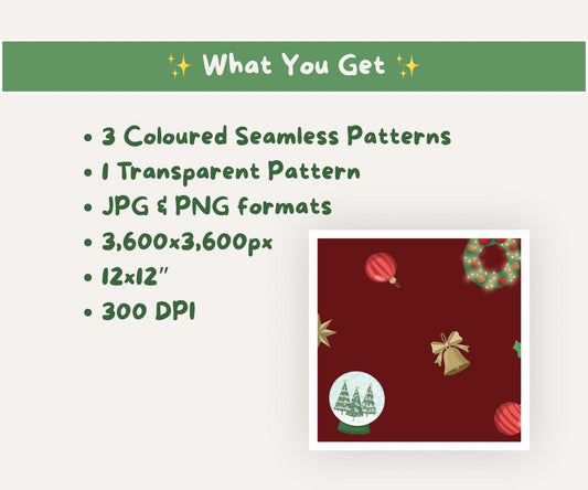 Christmas Ornaments Seamless Pattern | Baubles, Wreaths & Snow Globes