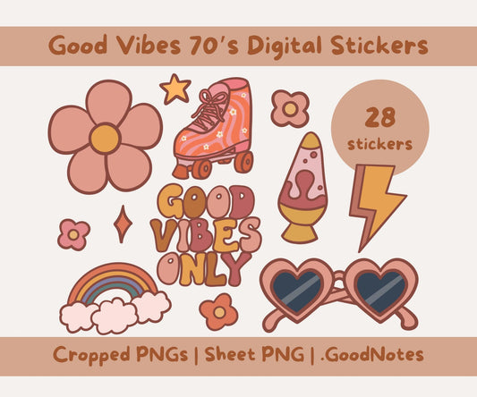 Good Vibes | Retro 70s Inspired Sticker Set | 28x PNGs & Printable PDF Sticker Sheet