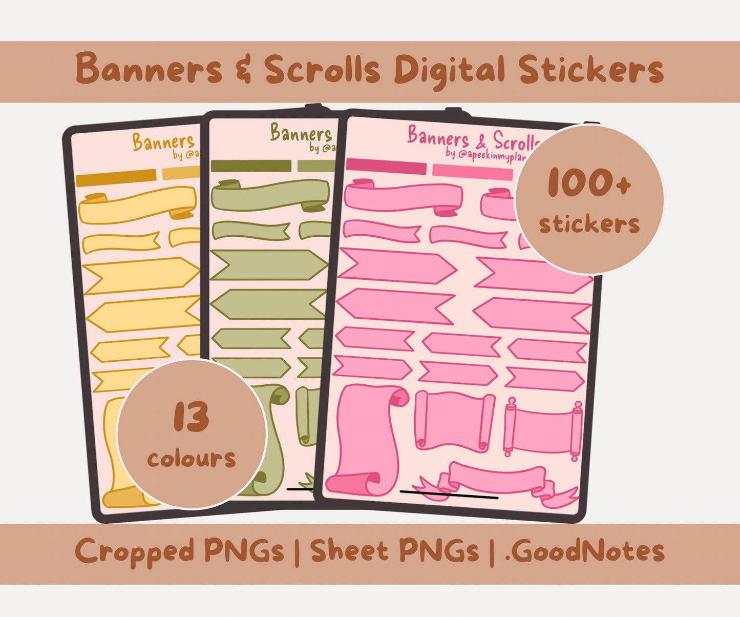 Banners and Scrolls Digital Stickers | 104 PNGs & PDF Sticker Sheets