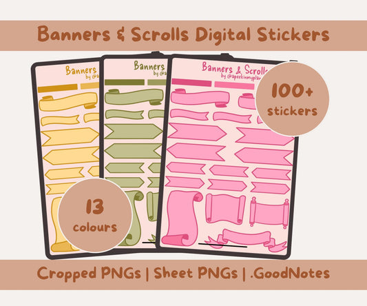 Banners and Scrolls Digital Stickers | 104 PNGs & PDF Sticker Sheets