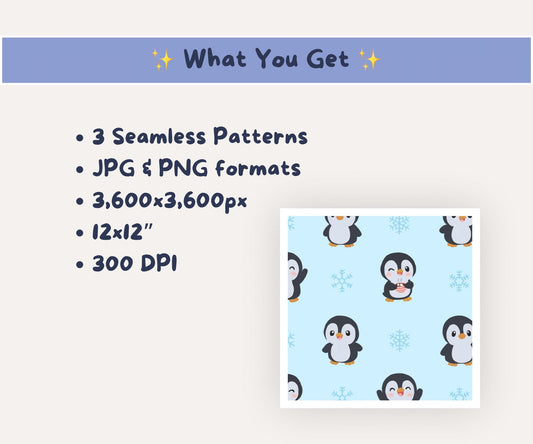 Chibi Penguin Christmas Seamless Pattern | Kawaii Cottagecore Winter Penguins