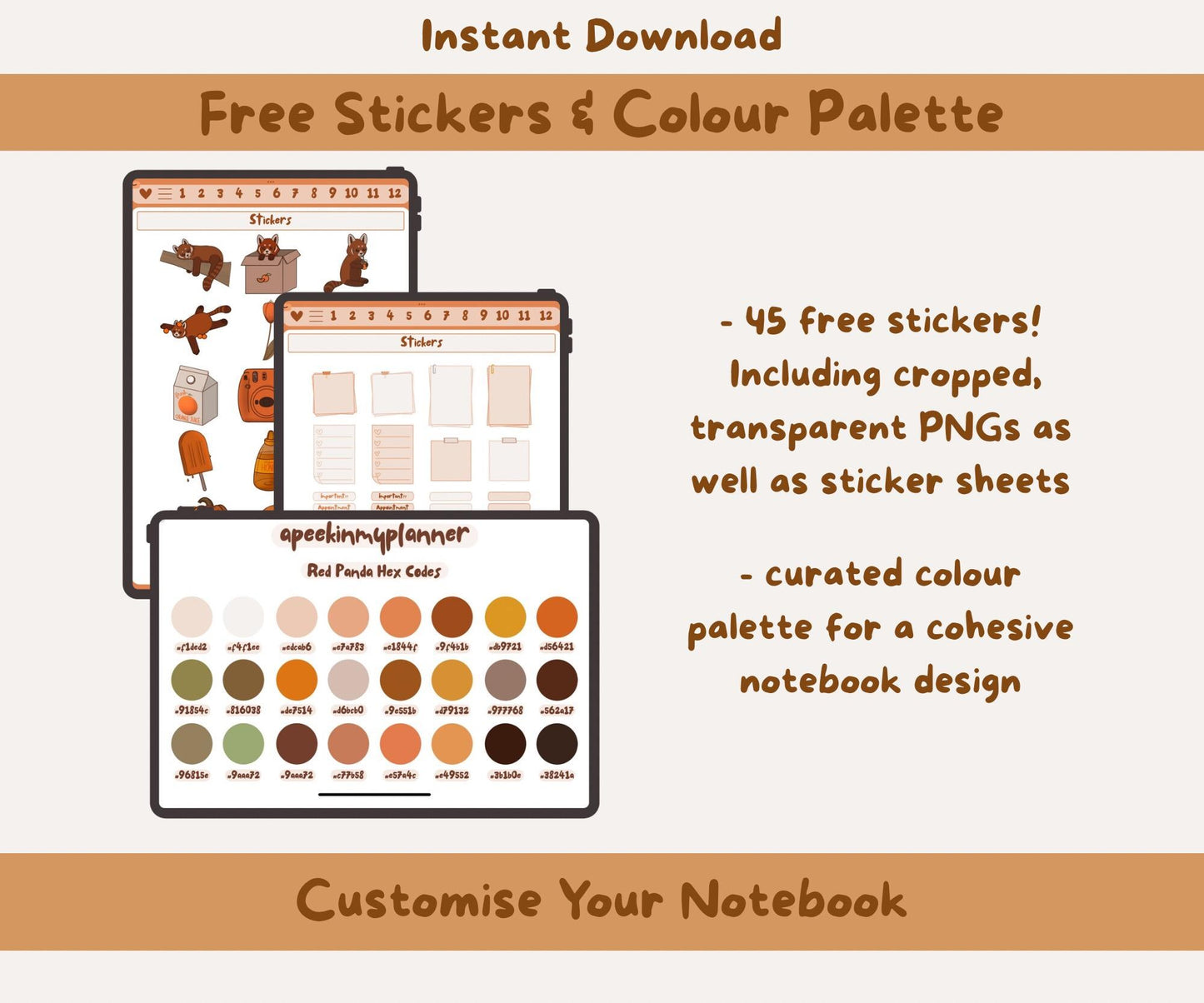 Red Panda Digital Notebook | PDF, 12 Sections, 28 Templates, 45 Free Stickers