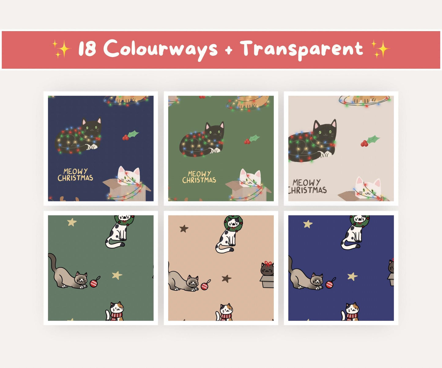 Festive Felines Seamless Pattern Bundle | 24 Patterns | Christmas Cats