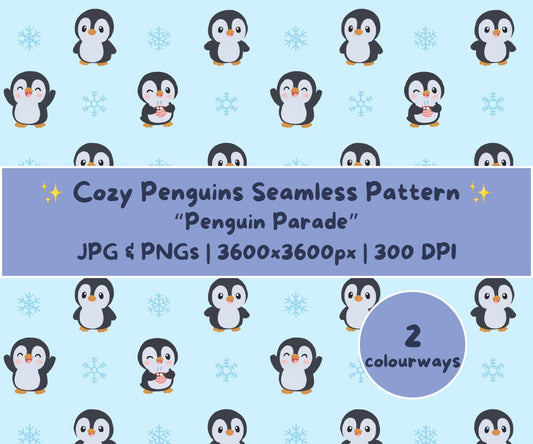 Chibi Penguin Christmas Seamless Pattern | Kawaii Cottagecore Winter Penguins