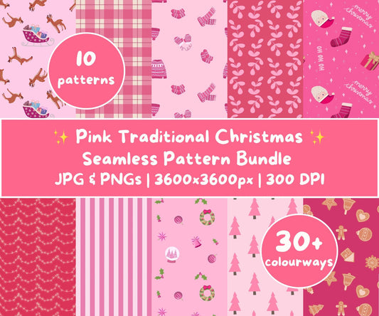 Pink Traditional Christmas Seamless Pattern Bundle | 10 Cosy Pink Classic Holiday Icons