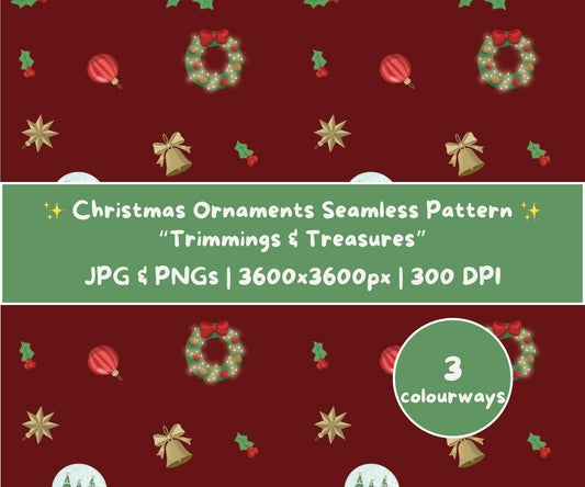 Christmas Ornaments Seamless Pattern | Baubles, Wreaths & Snow Globes