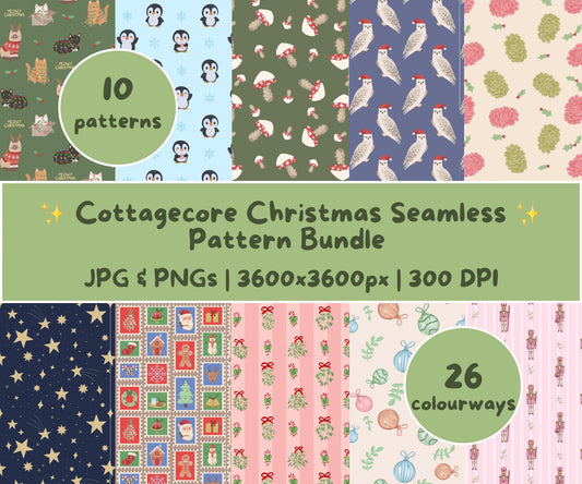 Cottagecore Christmas Seamless Pattern Bundle | 10 Cosy Woodland Holiday Patterns