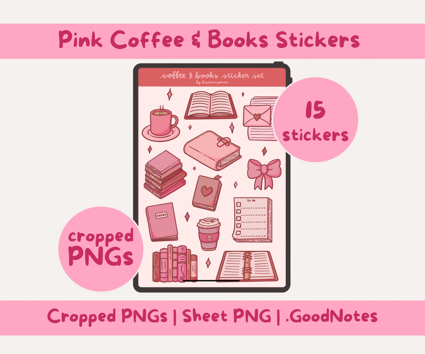 Pink Aesthetic Bookish & Coffee Digital Stickers | 15 Transparent Sticker PNGs