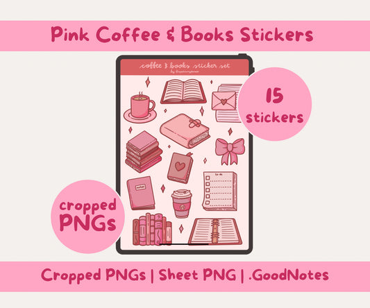 Pink Aesthetic Bookish & Coffee Digital Stickers | 15 Transparent Sticker PNGs