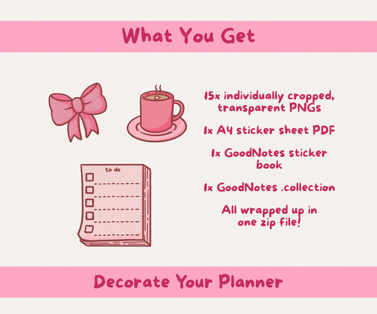 Pink Aesthetic Bookish & Coffee Digital Stickers | 15 Transparent Sticker PNGs