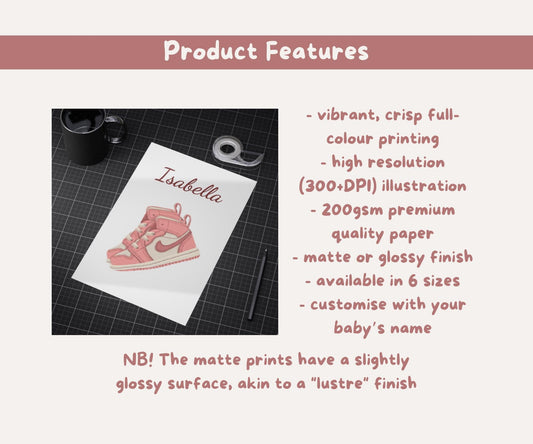 Personalised Pink Baby Sneakers Art Print | Custom Baby Name Nursery Wall Art