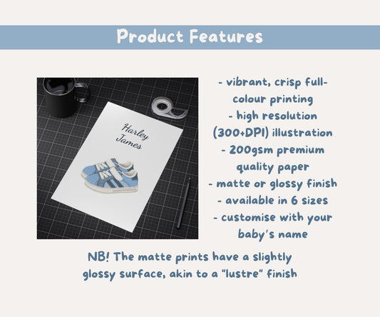 Personalised Blue Baby Sneakers Art Print | Custom Baby Name Nursery Wall Art