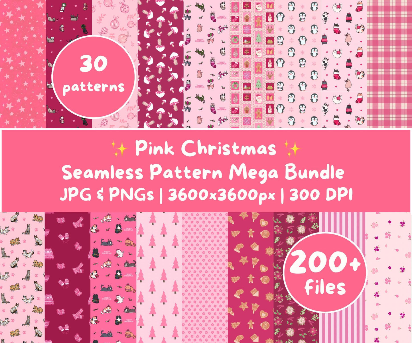 Pink Christmas Seamless Pattern Mega Bundle | 30 Designs, Over 200 Files