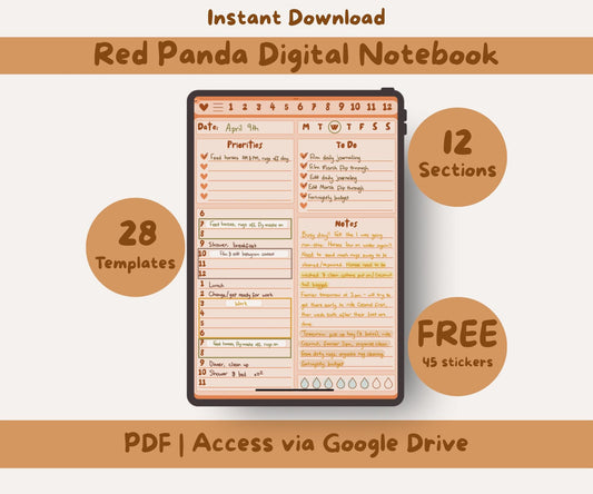 Red Panda Digital Notebook | PDF, 12 Sections, 28 Templates, 45 Free Stickers