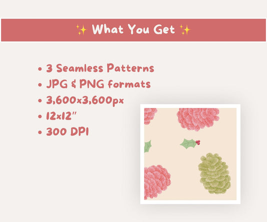 Glitter Pinecone Christmas Seamless Pattern | Cottagecore Holly Leaves And Pinecones