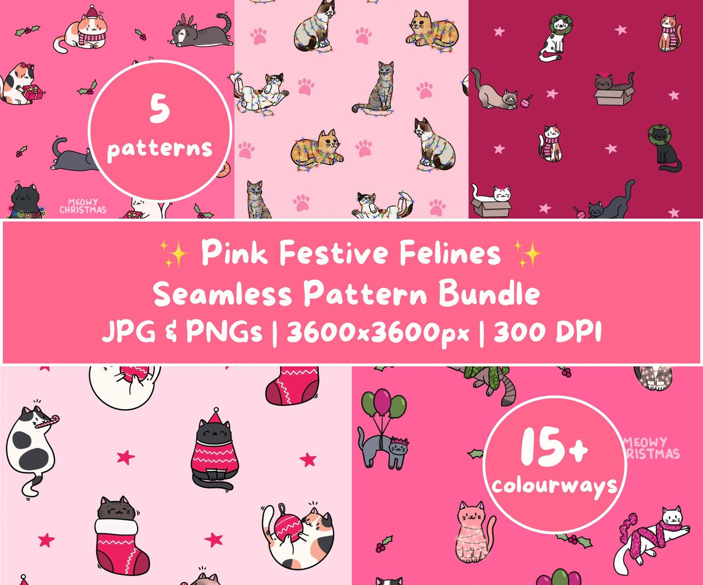 Pink Festive Felines Seamless Pattern Bundle | Pink Christmas Cats