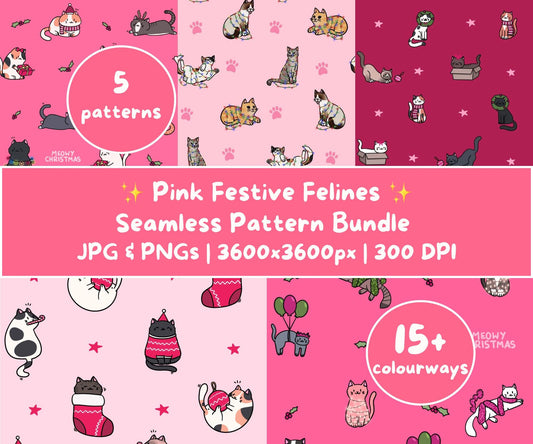 Pink Festive Felines Seamless Pattern Bundle | Pink Christmas Cats