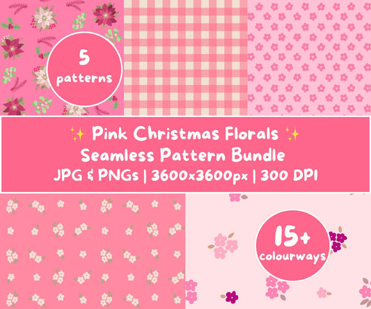 Pink Christmas Florals Seamless Pattern Bundle | 18 Pink Festive Floral Patterns