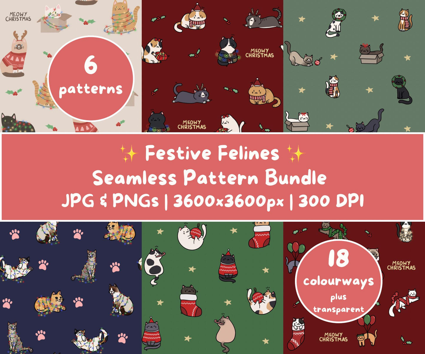 Festive Felines Seamless Pattern Bundle | 24 Patterns | Christmas Cats