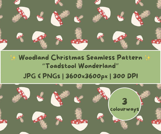Cottagecore Christmas Mushroom Seamless Pattern | Toadstools & String Lights