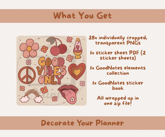 Good Vibes | Retro 70s Inspired Sticker Set | 28x PNGs & Printable PDF Sticker Sheet