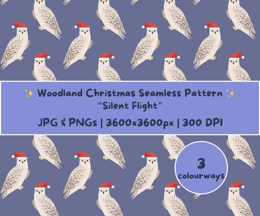Snowy Owl Christmas Seamless Pattern | Winter Owl in Santa Hat | Woodland Cottagecore Aesthetic | High Resolution with Three Colourways