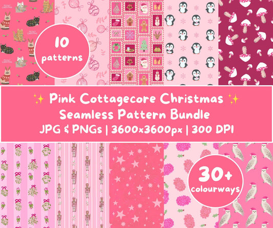 Pink Cottagecore Christmas Seamless Pattern Bundle | 10 Cozy Pink Woodland Holiday Designs