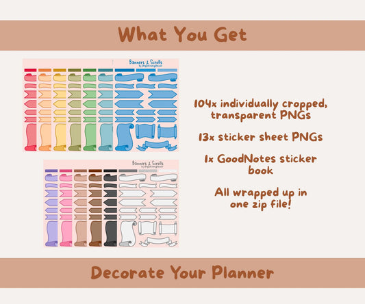 Banners and Scrolls Digital Stickers | 104 PNGs & PDF Sticker Sheets