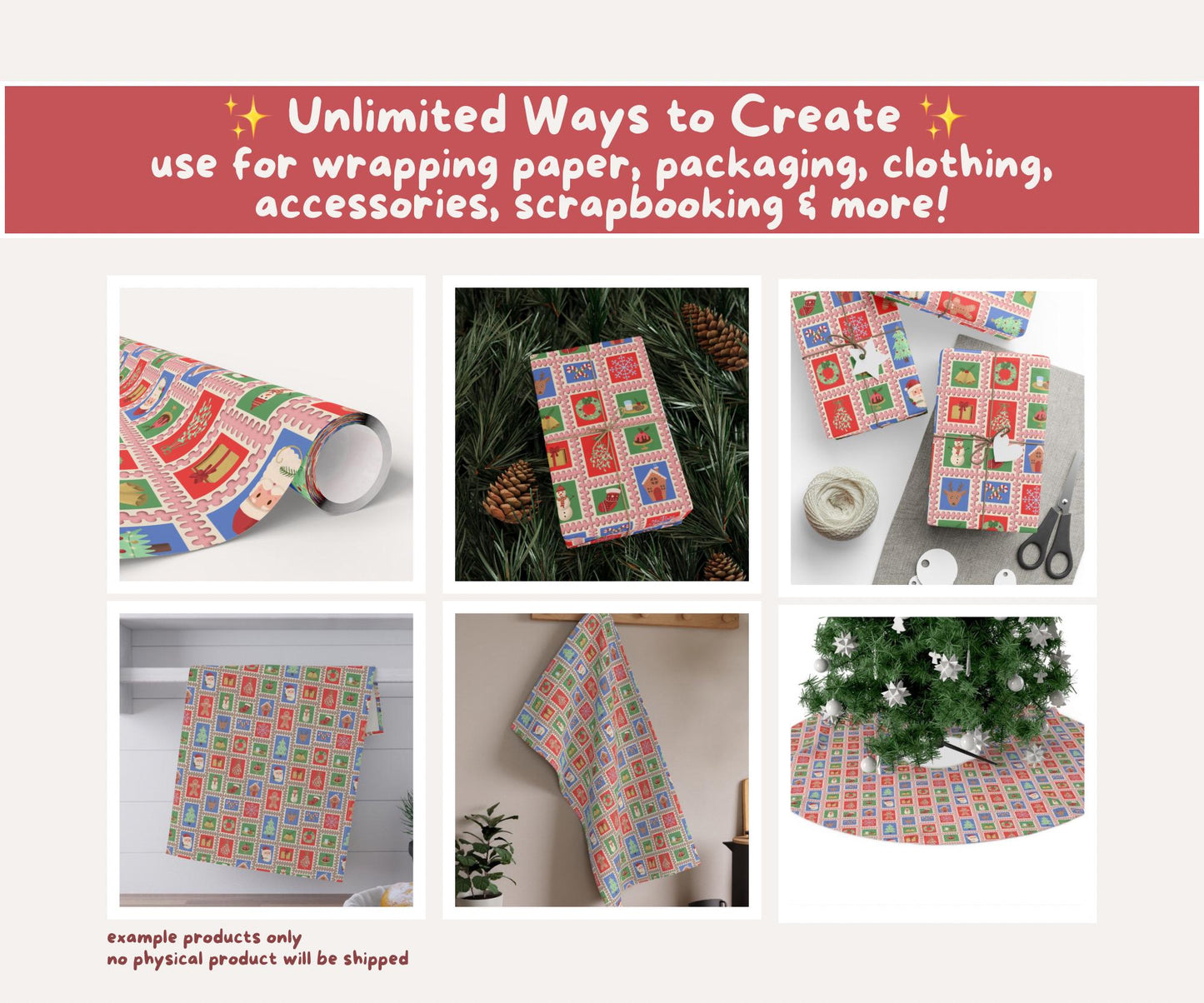 Vintage Postage Stamp Christmas Seamless Pattern | Classic Holiday Icons