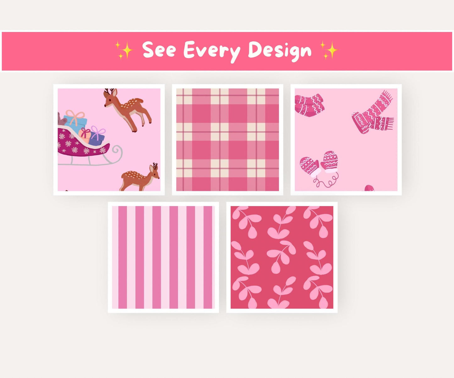 Pink Traditional Christmas Seamless Pattern Bundle | 10 Cosy Pink Classic Holiday Icons