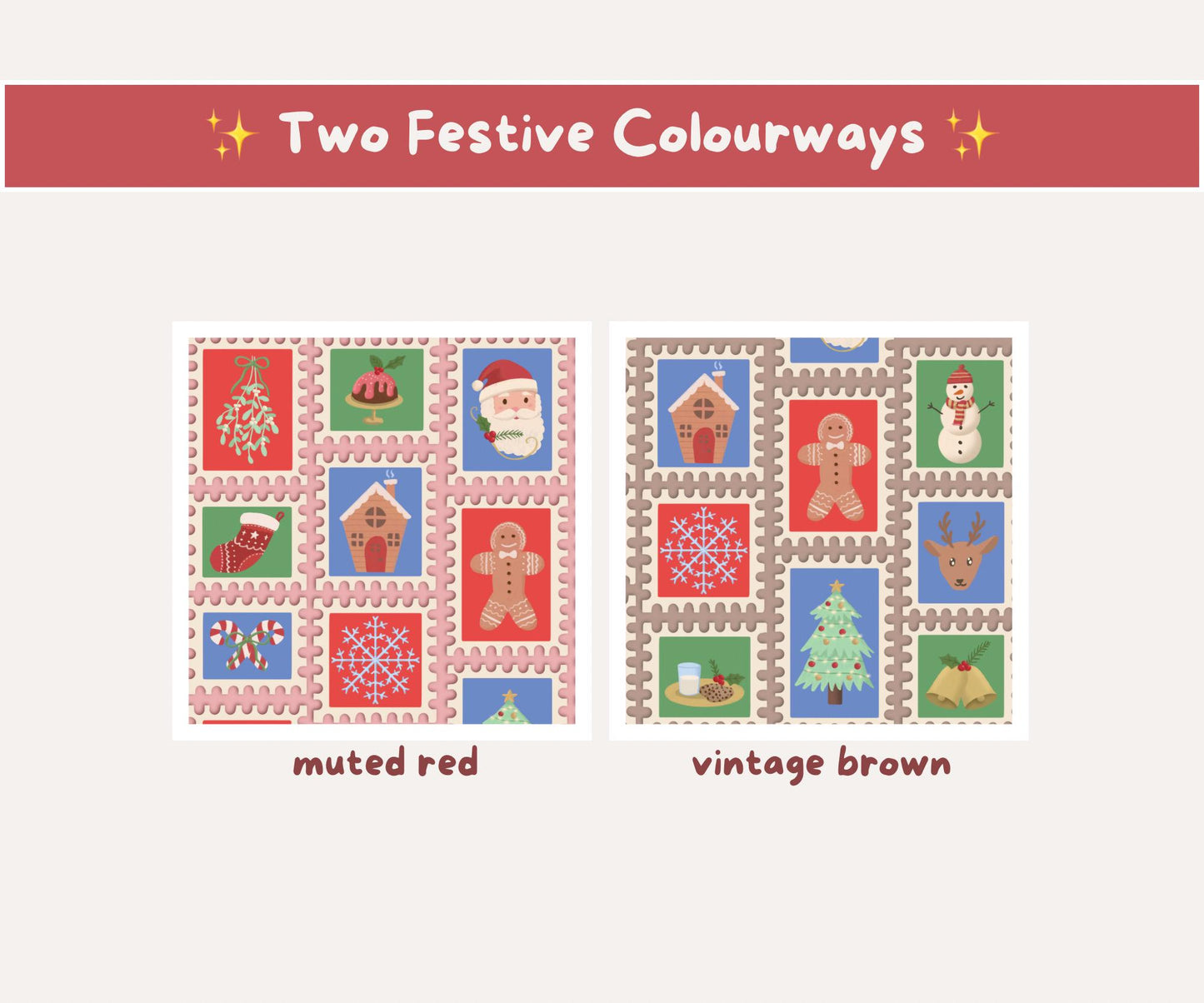 Vintage Postage Stamp Christmas Seamless Pattern | Classic Holiday Icons