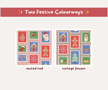 Vintage Postage Stamp Christmas Seamless Pattern | Classic Holiday Icons