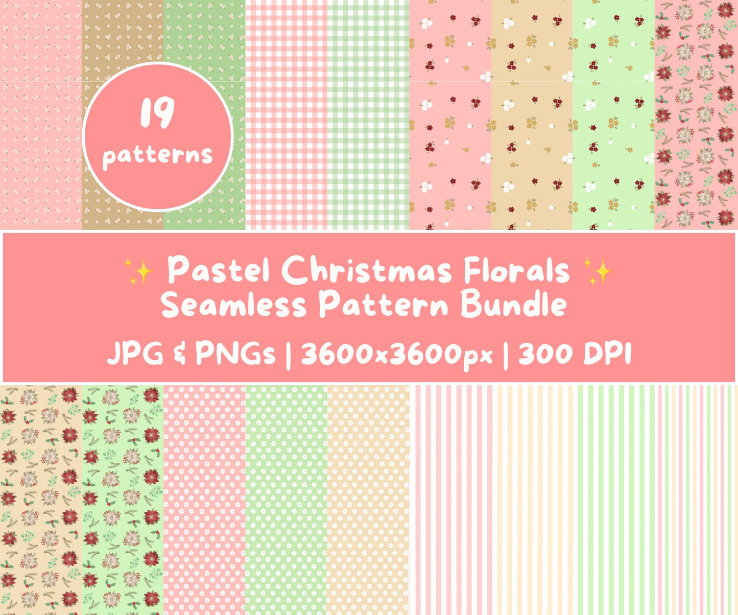 Pastel Christmas Florals Seamless Pattern Bundle | 19 Festive Digital Papers