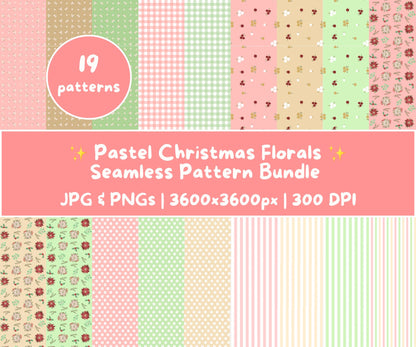 Pastel Christmas Florals Seamless Pattern Bundle | 19 Festive Digital Papers
