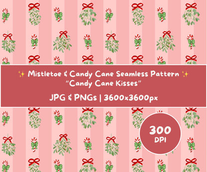 Mistletoe & Candy Cane Seamless Pattern | Candy Cane Kisses