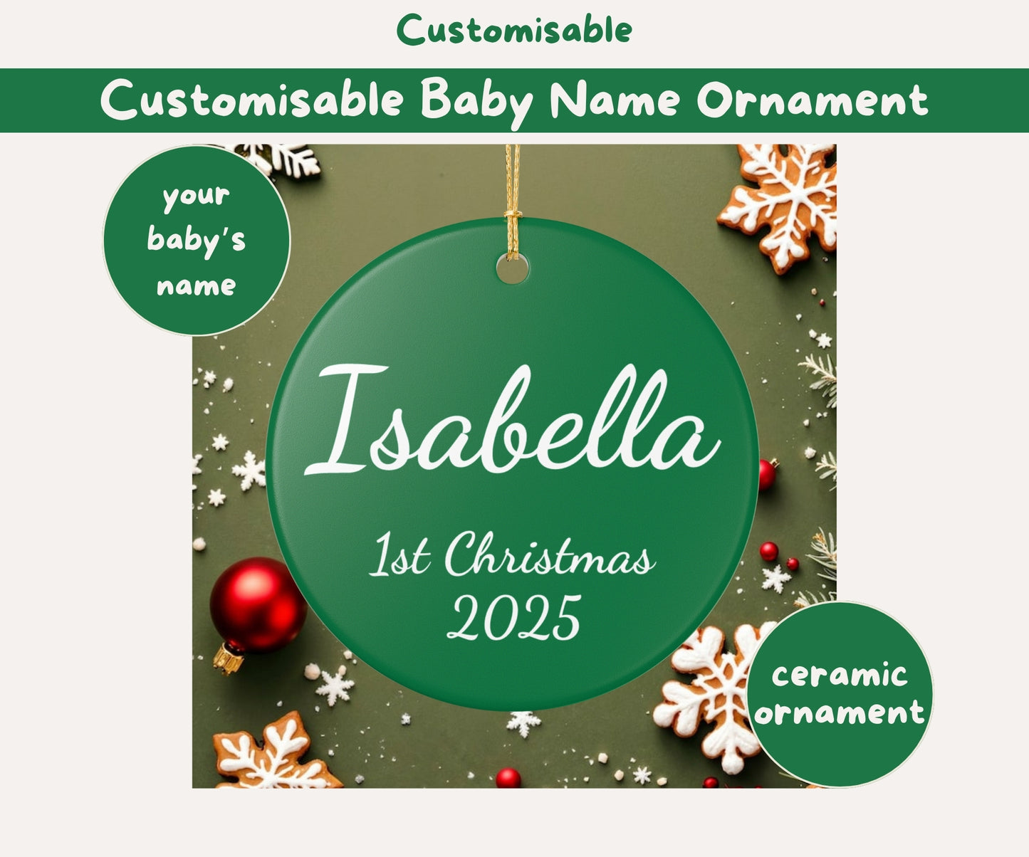 Customisable Baby Name Green Ceramic Ornament