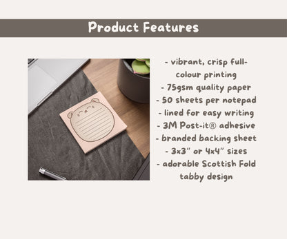 Scottish Fold Cat Post-it® Notepad | Silver Tabby Cat Lined Memo Pad