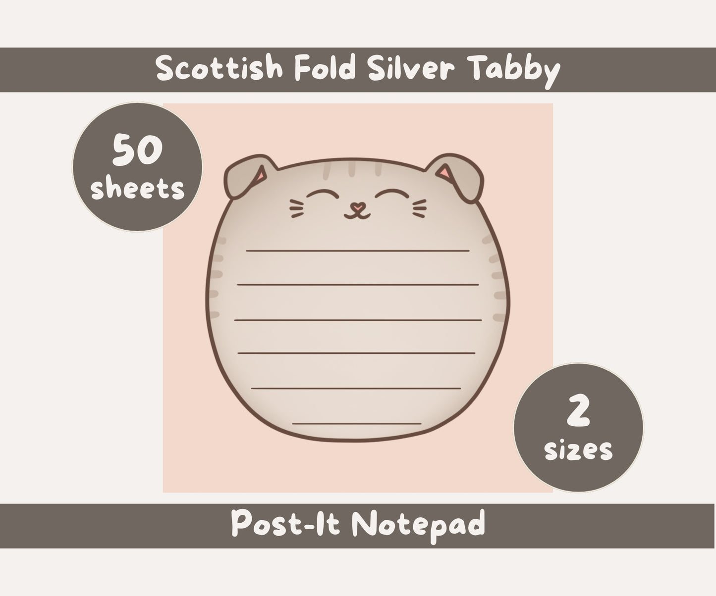 Scottish Fold Cat Post-it® Notepad | Silver Tabby Cat Lined Memo Pad