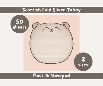 Scottish Fold Cat Post-it® Notepad | Silver Tabby Cat Lined Memo Pad