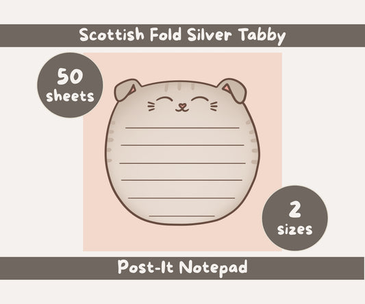 Scottish Fold Cat Post-it® Notepad | Silver Tabby Cat Lined Memo Pad