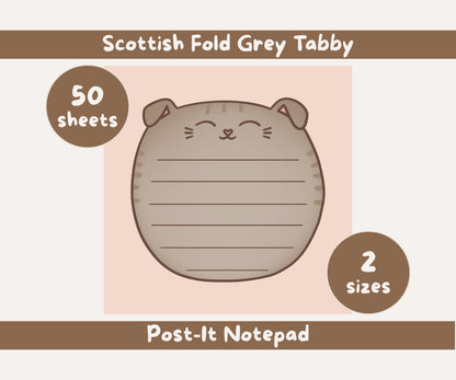 Scottish Fold Cat Post-it® Notepad | Grey Tabby Cat Lined Memo Pad