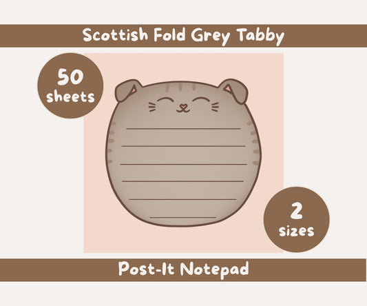 Scottish Fold Cat Post-it® Notepad | Grey Tabby Cat Lined Memo Pad