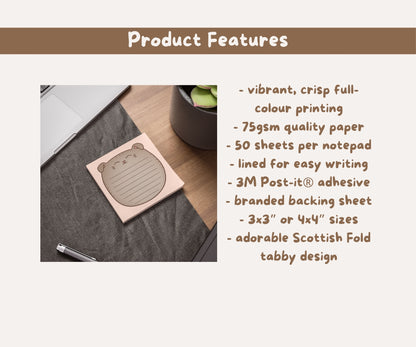 Scottish Fold Cat Post-it® Notepad | Grey Tabby Cat Lined Memo Pad