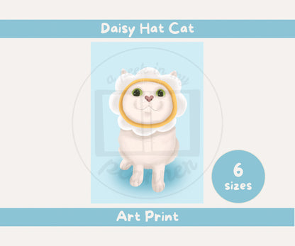 Daisy Hat Cat Unframed Prints | Cute Floral Kitty Wall Art