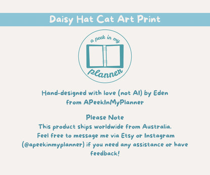 Daisy Hat Cat Unframed Prints | Cute Floral Kitty Wall Art