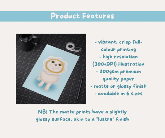 Daisy Hat Cat Unframed Prints | Cute Floral Kitty Wall Art